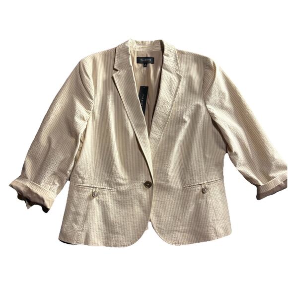 NEW Talbots Ivory Khaki Striped Blazer Jacket Sz 16 Single Button 3/4 Sleeve - Picture 3 of 8